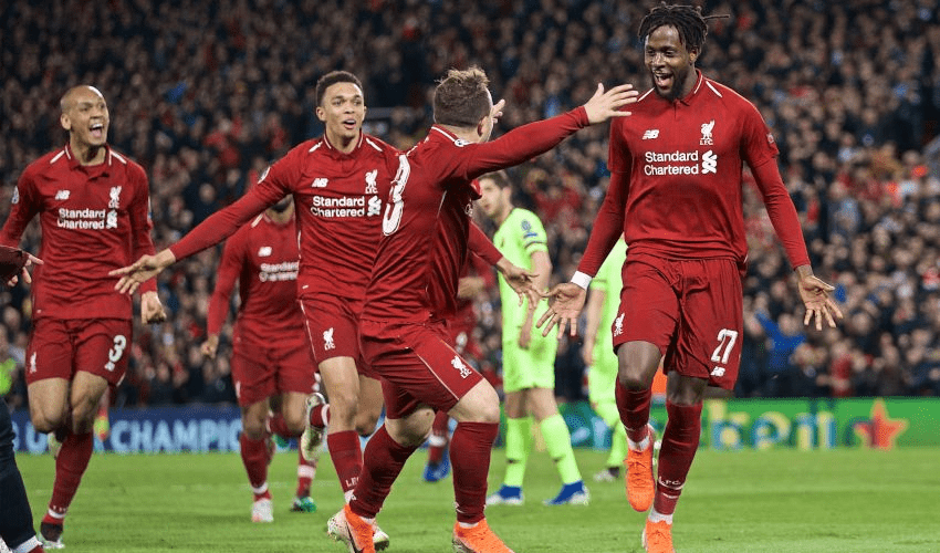 Liverpool celebrating Divock Origi's iconic goal in their 4-0 win over Barcelona.