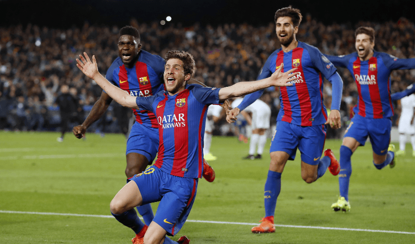 Barcelona's Sergi Roberto wheeling away in delight as his last-minute goal saw the Catalan side beat PSG 6-5 on aggregate - putting them into the semi-finals.