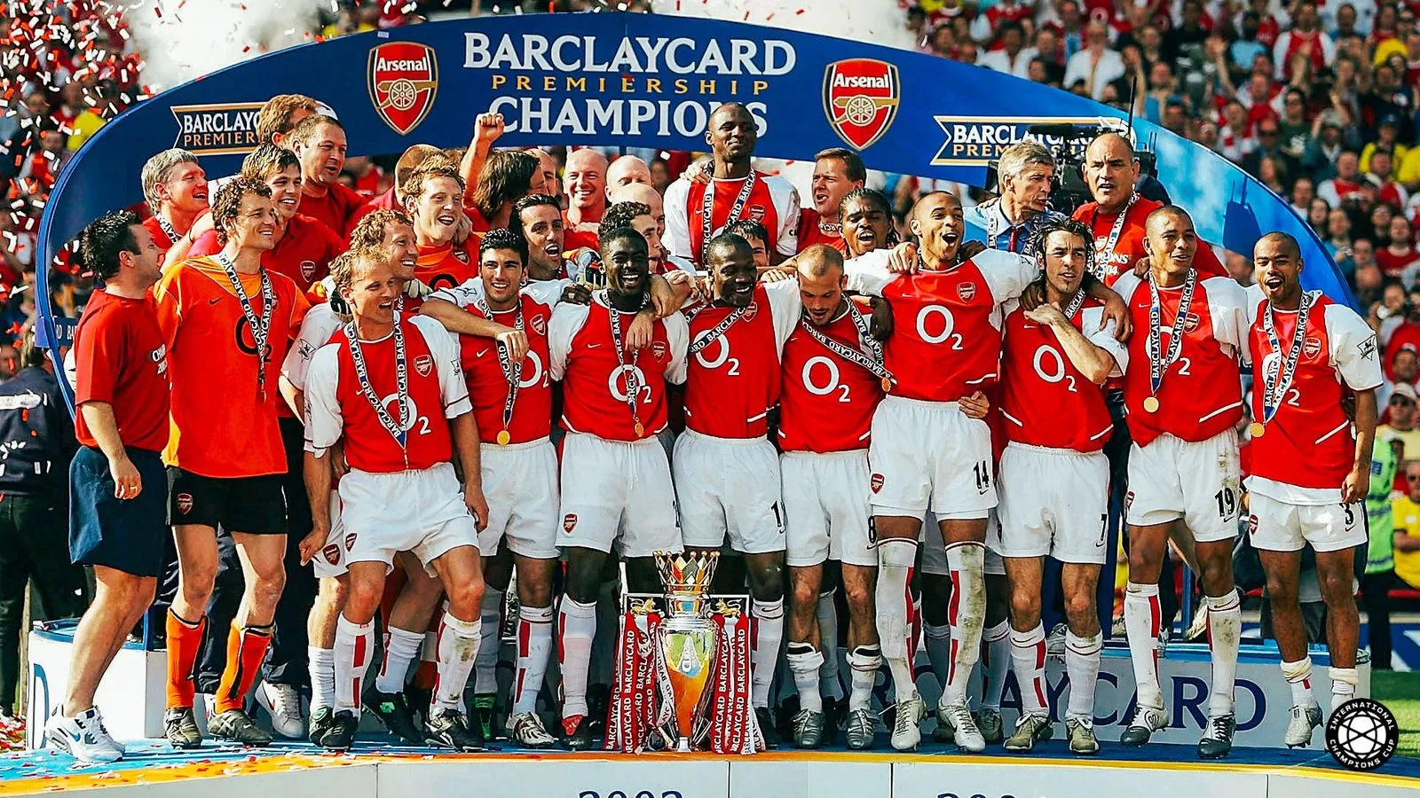 Arsenal's 2003/04 'Invincibles' squad celebrate going the entire Premier League season unbeaten.