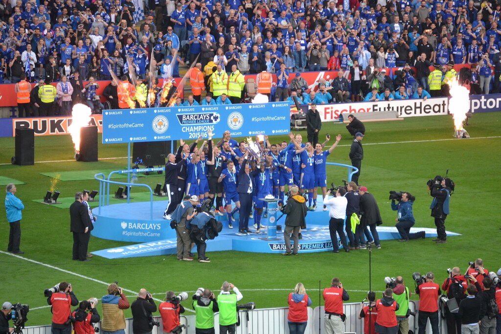Leicester City celebrate in front of their home crowd at the King Power Stadium after winning the 2015/16 Barclay's Premier League.