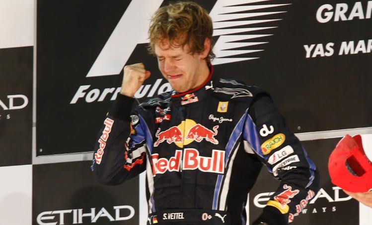 Sebastian Vettel cries as he takes home his first Formula 1 Championship at the 2010 Abu Dhabi Grand Prix.