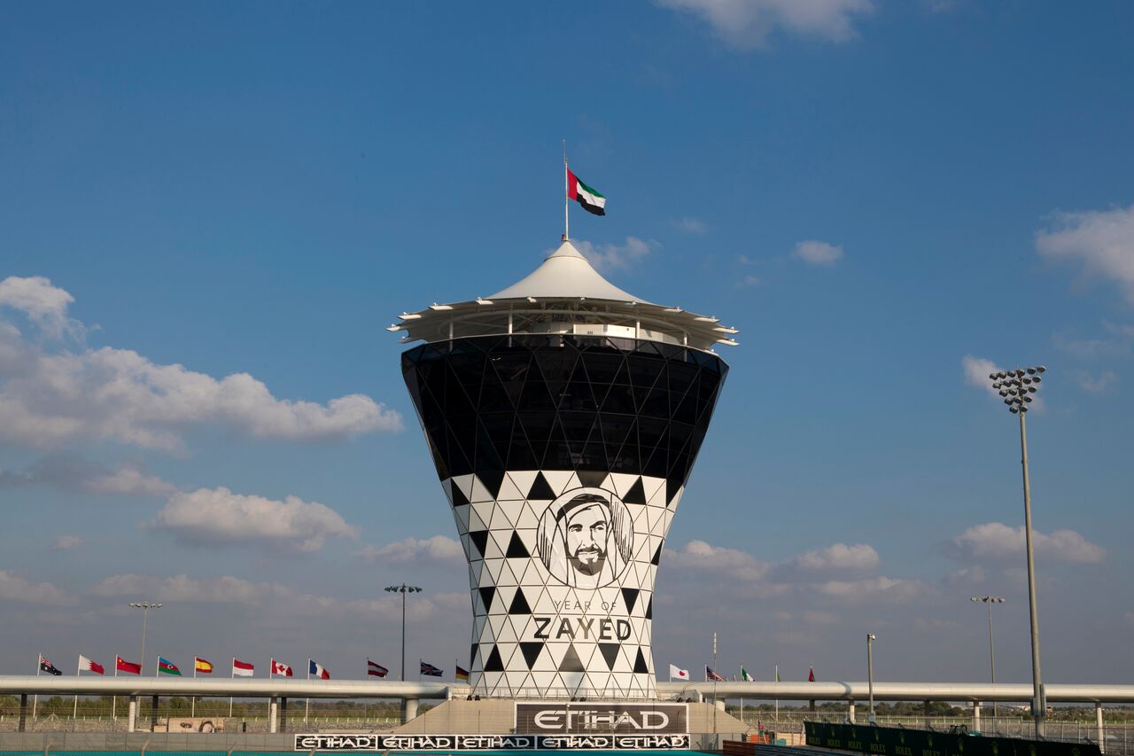 The iconic Shams Tower at Yas Marina Circuit.