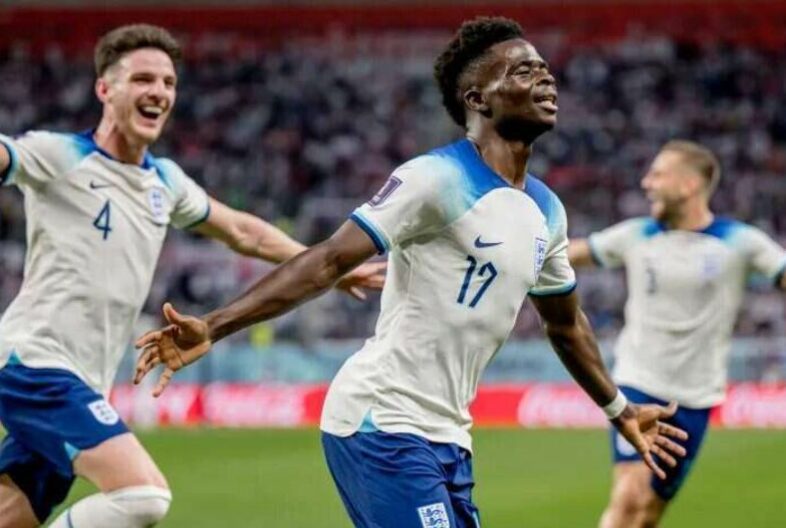 Bukayo Saka scores for England at Wembley Stadium