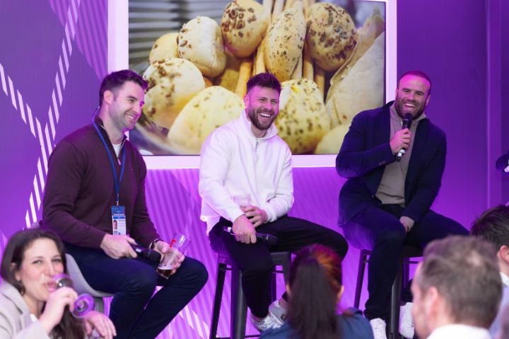 Johnnie Beattie with Ali Price and Jamie Roberts on stage in The Pegasus Lounge at Scotland v Wales