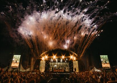 Fireworks going off behind the stage at a concert