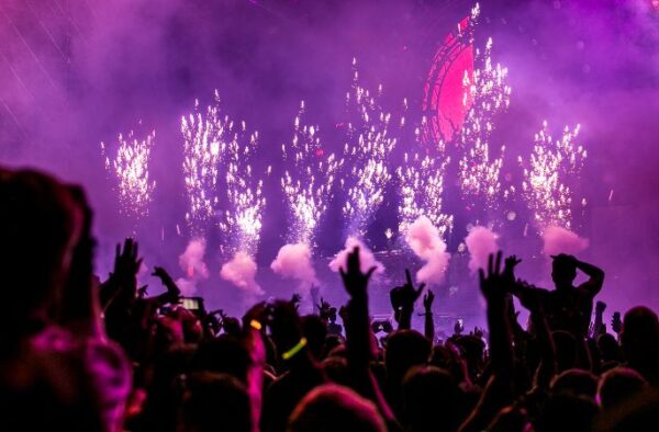 Pyrotechnics going off at a concert