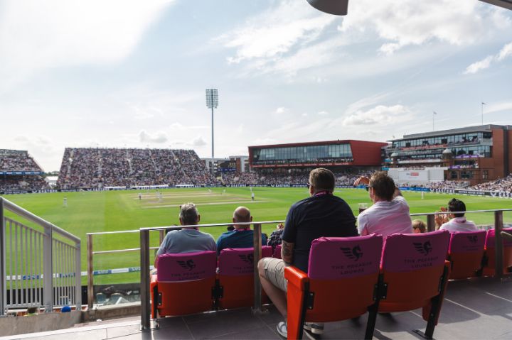 Views from The Pegasus Lounge at Emirates Old Trafford, with padded seats
