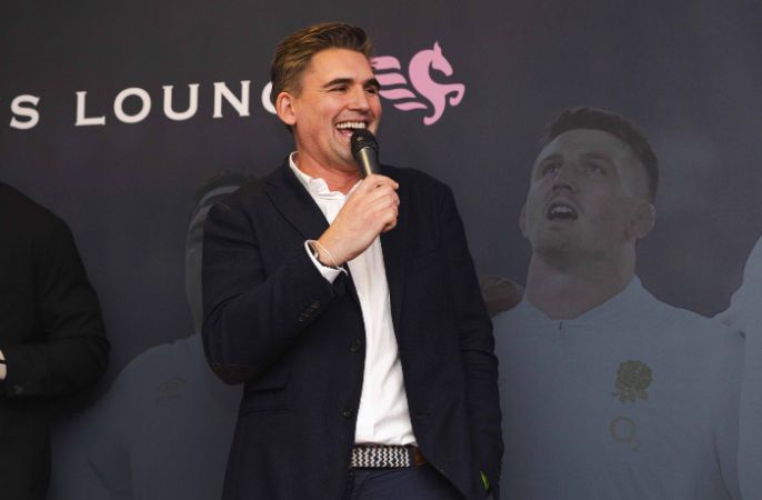 Toby Flood speaking in the Pegasus Lounge at Twickenham 