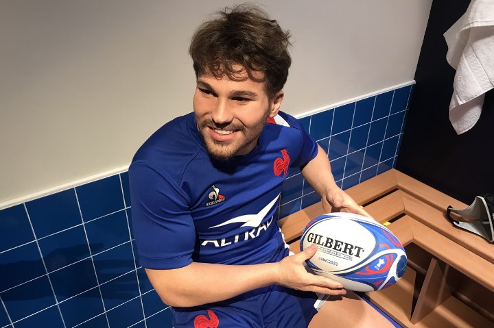 Waxwork of Antoine Dupont in the France Rugby changing room.