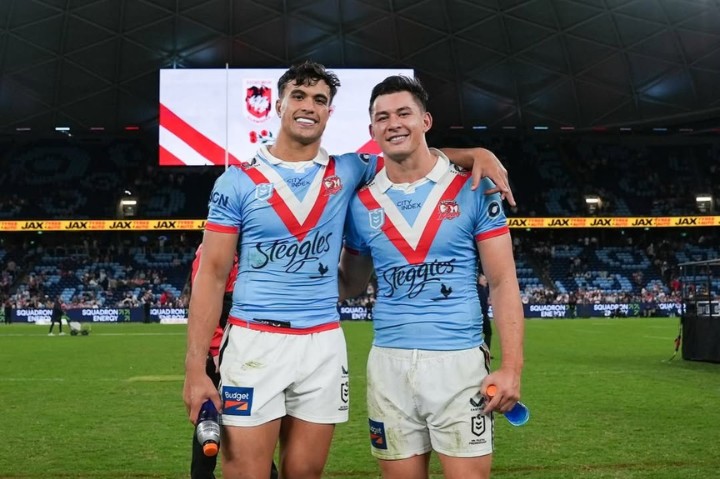 Joseph Sua'ali'i of Australia Rugby celebrating with his teammate after a Rugby league game