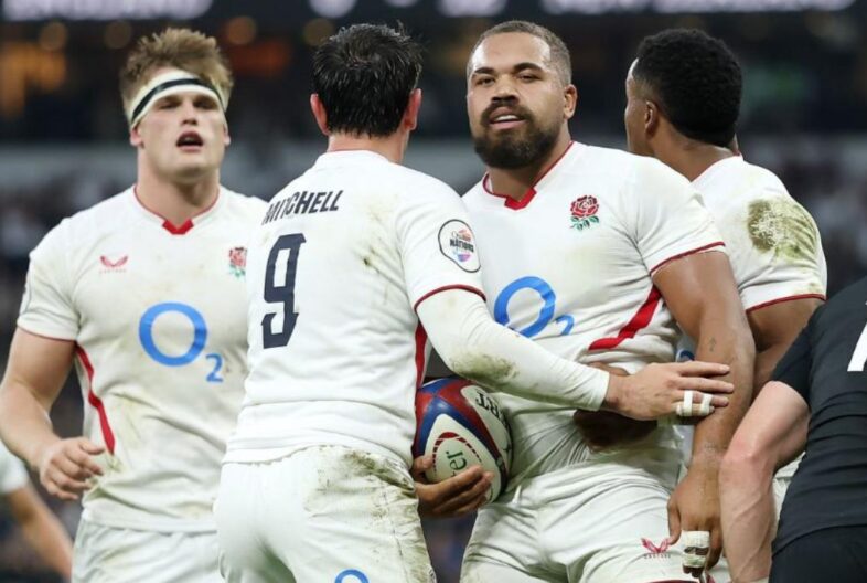 England Rugby stars celebrate after scoring a try against the All Blacks at Allianz Stadium, Twickenham