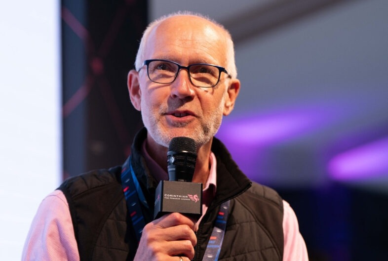 Jonathan Legard on stage at the Formula 1 British Grand Prix